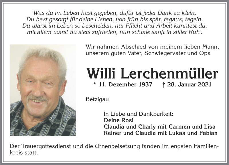  Traueranzeige für Willi Lerchenmüller vom 13.02.2021 aus Allgäuer Zeitung,Kempten