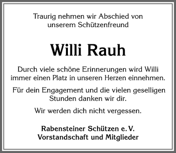 Traueranzeige von Willi Rauh von Allgäuer Zeitung, Marktoberdorf