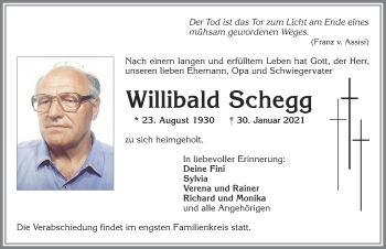 Traueranzeige von Willibald Schegg von Allgäuer Zeitung, Kaufbeuren/Buchloe