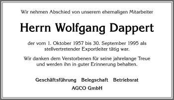 Traueranzeige von Wolfgang Dappert von Allgäuer Zeitung, Marktoberdorf