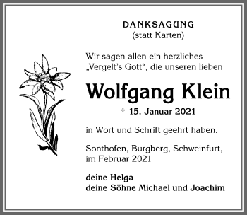 Traueranzeige von Wolfgang Klein von Allgäuer Anzeigeblatt
