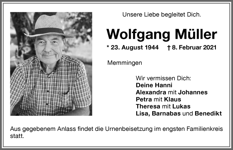  Traueranzeige für Wolfgang Müller vom 11.02.2021 aus Memminger Zeitung