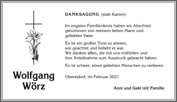 Traueranzeige von Wolfgang Wörz von Allgäuer Anzeigeblatt