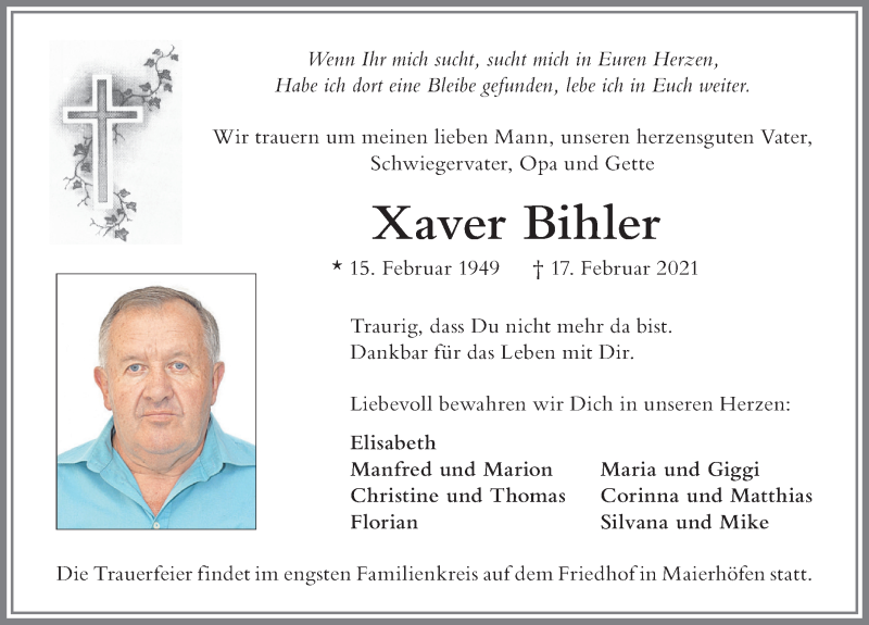  Traueranzeige für Xaver Bihler vom 27.02.2021 aus Der Westallgäuer