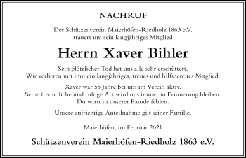 Traueranzeige von Xaver Bihler von Der Westallgäuer