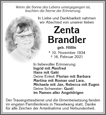 Traueranzeige von Zenta Brandler von Allgäuer Zeitung, Füssen