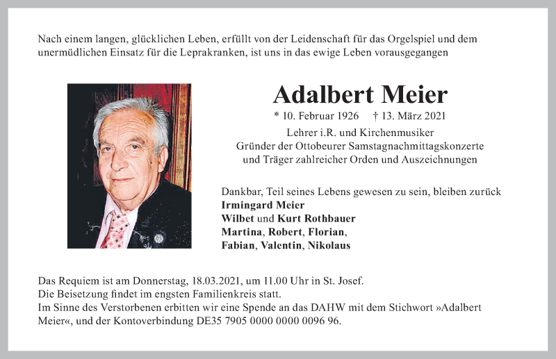  Traueranzeige für Adalbert Meier vom 16.03.2021 aus Memminger Zeitung