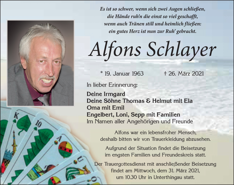  Traueranzeige für Alfons Schlayer vom 31.03.2021 aus Allgäuer Zeitung