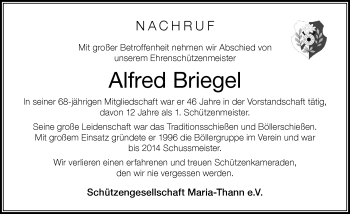 Traueranzeige von Alfred Briegel von Der Westallgäuer