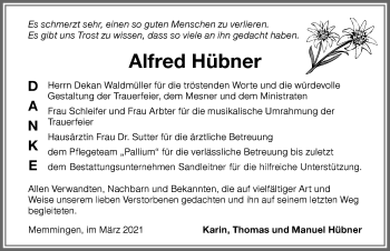 Traueranzeige von Alfred Hübner von Memminger Zeitung