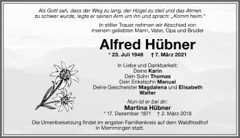 Traueranzeige von Alfred Hübner von Memminger Zeitung