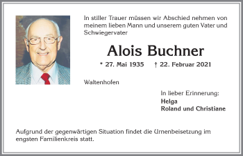 Traueranzeige von Alois Buchner von Allgäuer Zeitung,Kempten
