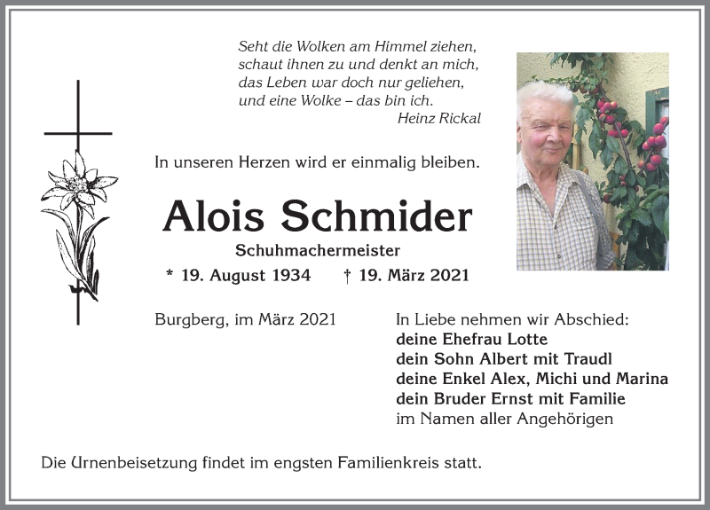  Traueranzeige für Alois Schmider vom 24.03.2021 aus Allgäuer Anzeigeblatt