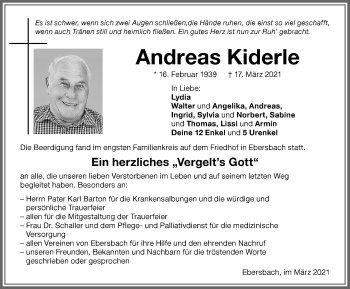 Traueranzeige von Andreas Kiderle von Allgäuer Zeitung