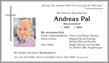 Traueranzeige von Andreas Pal von Allgäuer Zeitung, Füssen