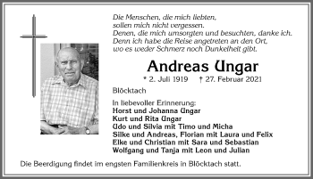 Traueranzeige von Andreas Ungar von Allgäuer Zeitung, Kaufbeuren/Buchloe
