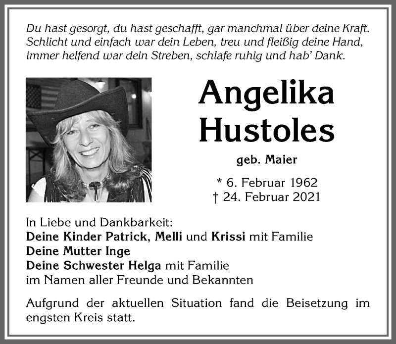  Traueranzeige für Angelika Hustoles vom 06.03.2021 aus Allgäuer Zeitung,Kempten