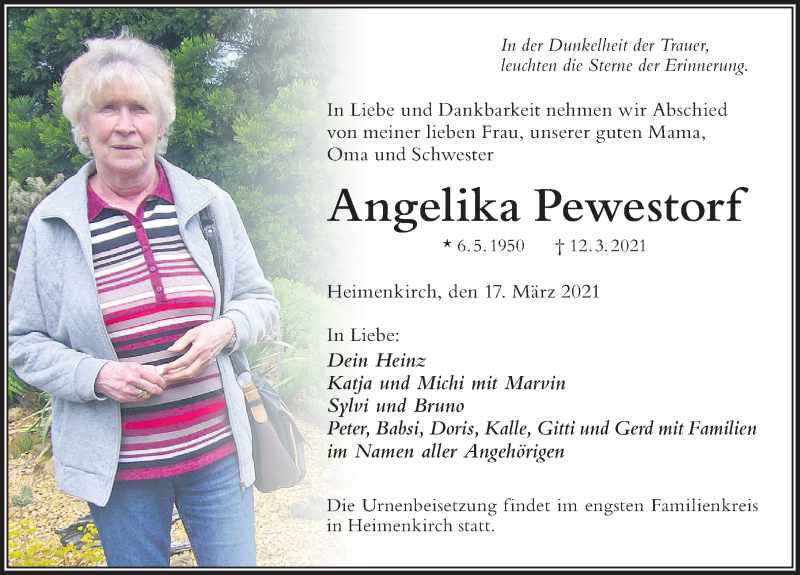  Traueranzeige für Angelika Pewestorf vom 17.03.2021 aus Der Westallgäuer