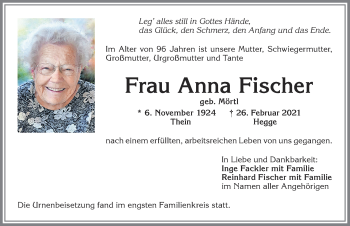 Traueranzeige von Anna Fischer von Allgäuer Zeitung,Kempten