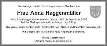 Traueranzeige von Anna Haggenmüller von Allgäuer Zeitung, Marktoberdorf