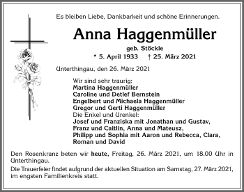 Traueranzeige von Anna Haggenmüller von Allgäuer Zeitung, Marktoberdorf