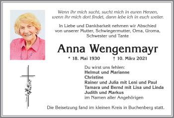 Traueranzeige von Anna Wengenmayr von Allgäuer Zeitung,Kempten
