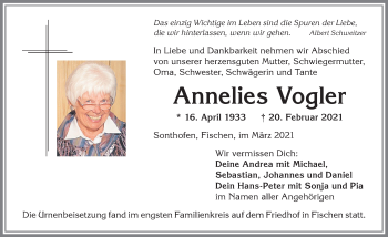 Traueranzeige von Annelies Vogler von Allgäuer Anzeigeblatt