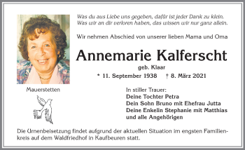 Traueranzeige von Annemarie Kalferscht von Allgäuer Zeitung, Kaufbeuren/Buchloe