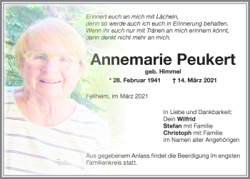 Traueranzeige von Annemarie Peukert von Memminger Zeitung