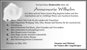 Traueranzeige von Annemarie Wilhelm von Allgäuer Zeitung, Füssen
