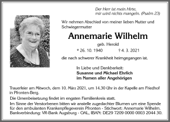 Traueranzeige von Annemarie Wilhelm von Allgäuer Zeitung, Füssen