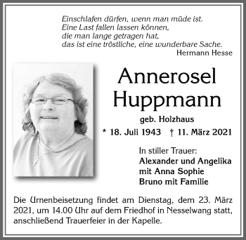 Traueranzeige von Annerosel Huppmann von Allgäuer Zeitung, Füssen