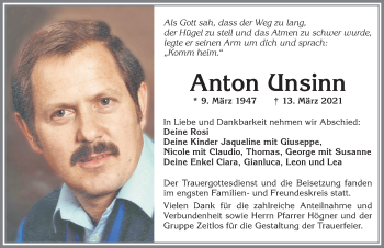 Traueranzeige von Anton Unsinn von Allgäuer Anzeigeblatt