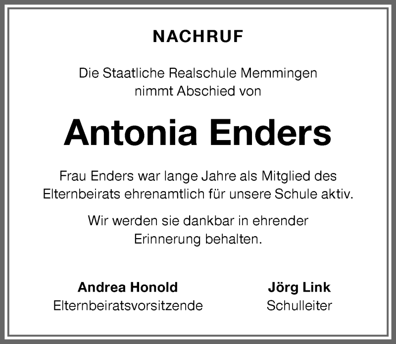  Traueranzeige für Antonia Enders vom 01.03.2021 aus Memminger Zeitung