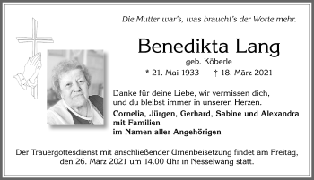 Traueranzeige von Benedikta Lang von Allgäuer Zeitung, Füssen