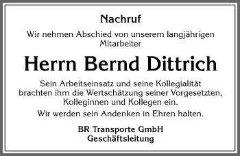 Traueranzeige von Bernd Dittrich von Allgäuer Zeitung,Kempten