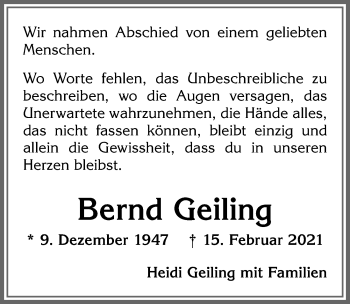 Traueranzeige von Bernd Geiling von Allgäuer Zeitung, Kaufbeuren/Buchloe