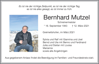 Traueranzeige von Bernhard Mutzel von Allgäuer Zeitung