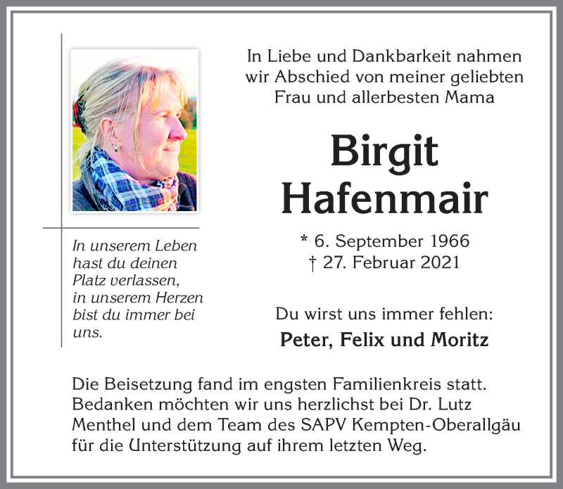  Traueranzeige für Birgit Hafenmair vom 06.03.2021 aus Allgäuer Zeitung,Kempten