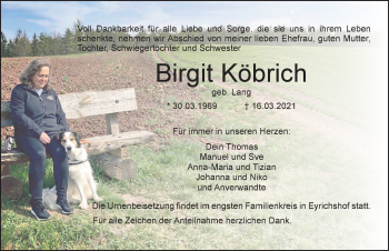 Traueranzeige von Birgit Köbrich von Allgäuer Zeitung, Kaufbeuren/Buchloe