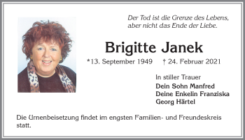 Traueranzeige von Brigitte Janek von Allgäuer Zeitung,Kempten