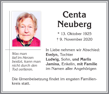 Traueranzeige von Centa Neuberg von Allgäuer Zeitung,Kempten