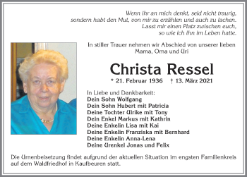 Traueranzeige von Christa Ressel von Allgäuer Zeitung, Kaufbeuren/Buchloe