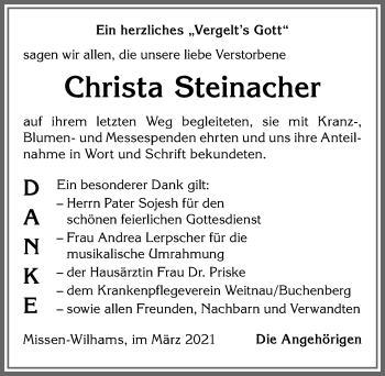 Traueranzeige von Christa Steinacher von Allgäuer Anzeigeblatt