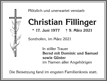 Traueranzeige von Christian Fillinger von Allgäuer Anzeigeblatt
