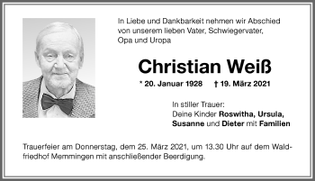 Traueranzeige von Christian Weiß von Memminger Zeitung