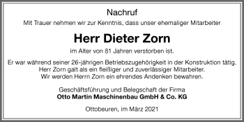 Traueranzeige von Dieter Zorn von Memminger Zeitung