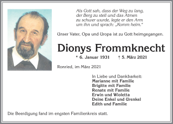 Traueranzeige von Dionys Frommknecht von Allgäuer Zeitung, Marktoberdorf