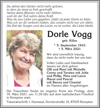 Traueranzeige von Dorle Vogg von Allgäuer Zeitung,Kempten