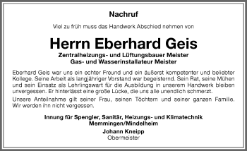 Traueranzeige von Eberhard Geis von Memminger Zeitung
